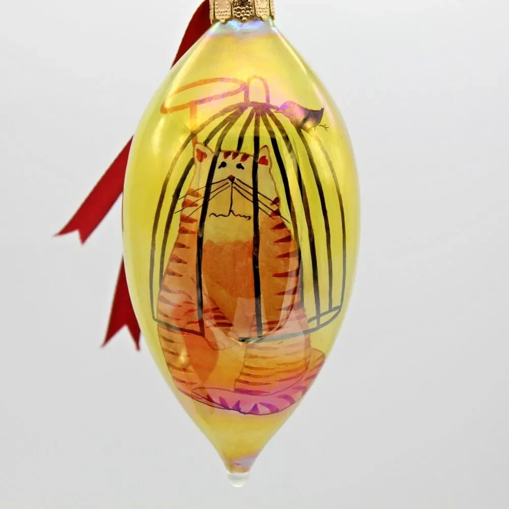 Glass Handmade Cat in Birdcage Ne'Qwa Ornament I Didn't Do It Teardrop w/Box